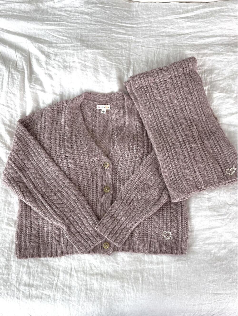 Roller Rabbit purple cropped cardigan + scarf